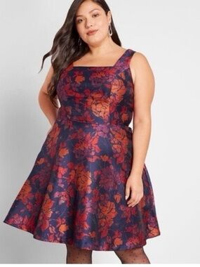 ModCloth Navy and Orange Floral Fit & Flare Dress